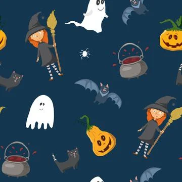 Halloween seamless pattern design. Cute cartoon elements, holiday background, イラスト素材
