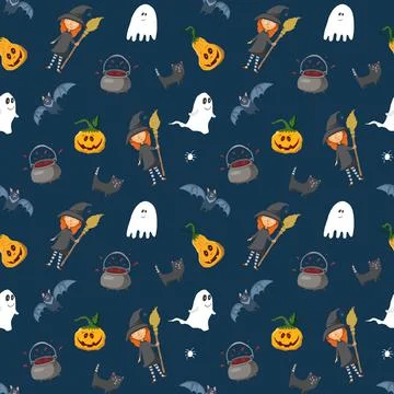 Halloween seamless pattern design. Cute cartoon elements, holiday background, 스톡 일러스트