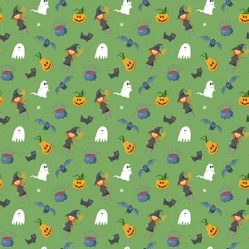 Halloween seamless pattern design. Cute cartoon elements, holiday background, 스톡 일러스트