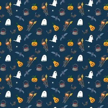 Halloween seamless pattern design. Cute cartoon elements, holiday background, Stock Illustration