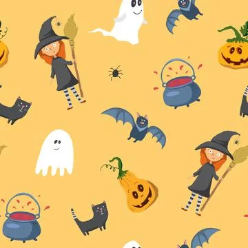 Halloween seamless pattern design. Cute cartoon elements, holiday background, Illustrazione stock