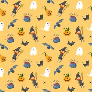 Halloween seamless pattern design. Cute cartoon elements, holiday background, イラスト素材