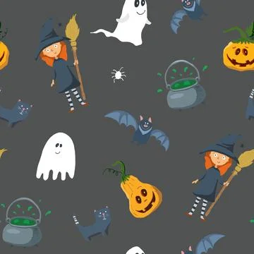 Halloween seamless pattern design. Cute cartoon elements, holiday background, イラスト素材