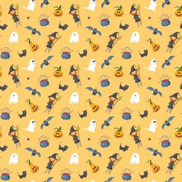 Halloween seamless pattern design. Cute cartoon elements, holiday background, Illustrazione stock