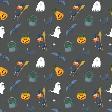Halloween seamless pattern design. Cute cartoon elements, holiday background, Illustrazione stock