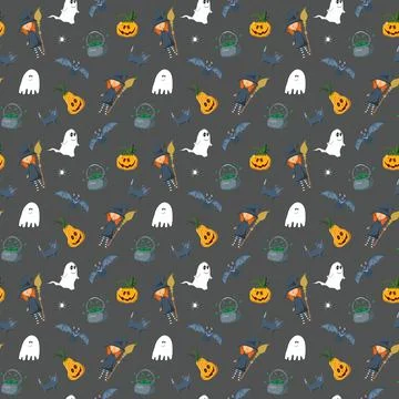 Halloween seamless pattern design. Cute cartoon elements, holiday background, 스톡 일러스트