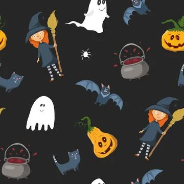 Halloween seamless pattern design. Cute cartoon elements, holiday background, イラスト素材