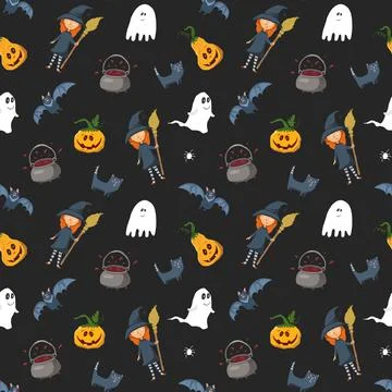 Halloween seamless pattern design. Cute cartoon elements, holiday background, イラスト素材