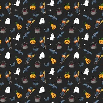 Halloween seamless pattern design. Cute cartoon elements, holiday background, Illustrazione stock