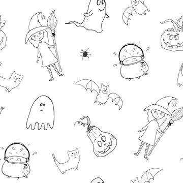 Halloween seamless pattern design. Cute cartoon elements, holiday background, Stock Illustration