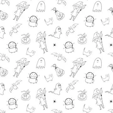 Halloween seamless pattern design. Cute cartoon elements, holiday background, Illustrazione stock