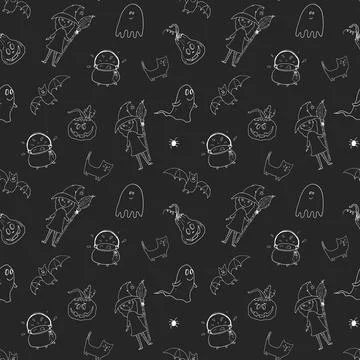 Halloween seamless pattern design. Cute cartoon elements, holiday background, Illustrazione stock