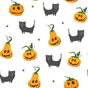 Halloween seamless pattern design. Cute cartoon elements, holiday background, Stock Illustration