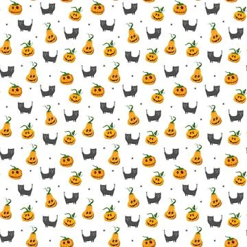 Halloween seamless pattern design. Cute cartoon elements, holiday background, Stock Illustration
