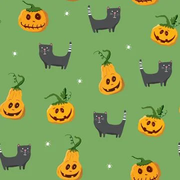 Halloween seamless pattern design. Cute cartoon elements, holiday background, Illustrazione stock