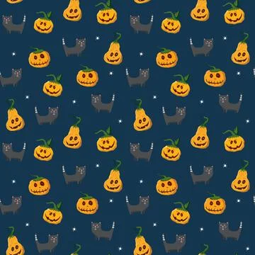 Halloween seamless pattern design. Cute cartoon elements, holiday background, Stock Illustration