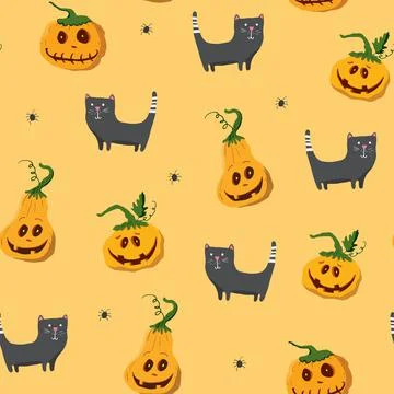 Halloween seamless pattern design. Cute cartoon elements, holiday background, 스톡 일러스트
