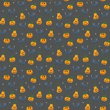 Halloween seamless pattern design. Cute cartoon elements, holiday background, Stock Illustration