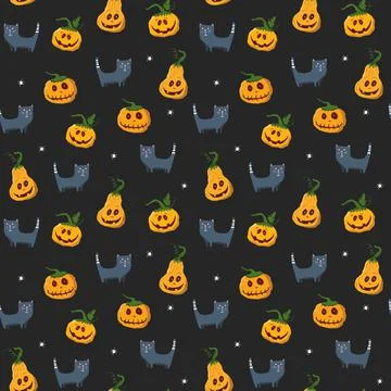 Halloween seamless pattern design. Cute cartoon elements, holiday background, イラスト素材