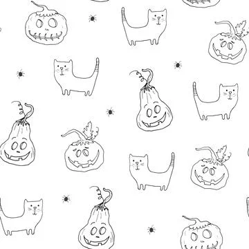 Halloween seamless pattern design. Cute cartoon elements, holiday background, Illustrazione stock
