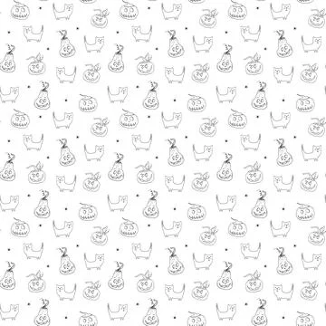 Halloween seamless pattern design. Cute cartoon elements, holiday background, Stock Illustration