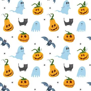 Halloween seamless pattern design. Cute cartoon elements, holiday background, Stock Illustration