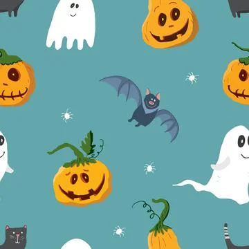 Halloween seamless pattern design. Cute cartoon elements, holiday background, 스톡 일러스트