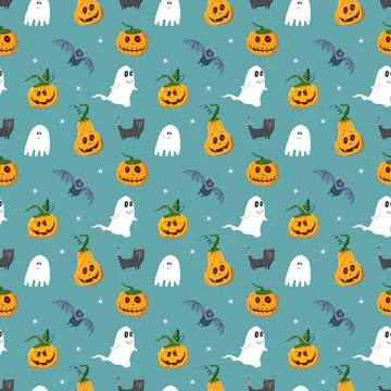 Halloween seamless pattern design. Cute cartoon elements, holiday background, 스톡 일러스트