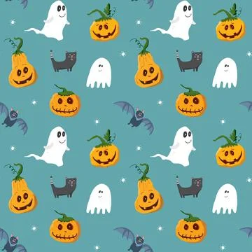 Halloween seamless pattern design. Cute cartoon elements, holiday background, 스톡 일러스트