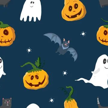 Halloween seamless pattern design. Cute cartoon elements, holiday background, 스톡 일러스트