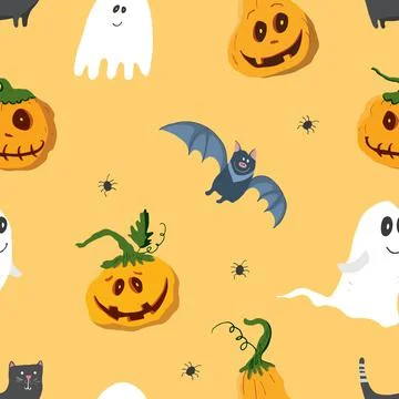 Halloween seamless pattern design. Cute cartoon elements, holiday background, Stock Illustration