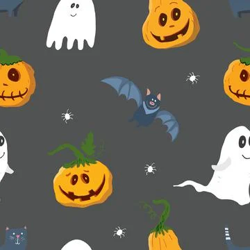 Halloween seamless pattern design. Cute cartoon elements, holiday background, Illustrazione stock