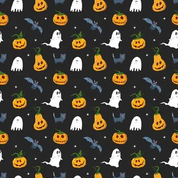 Halloween seamless pattern design. Cute cartoon elements, holiday background, イラスト素材