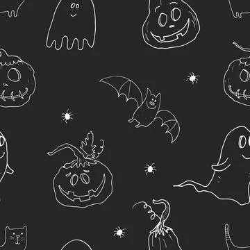 Halloween seamless pattern design. Cute cartoon elements, holiday background, Illustrazione stock