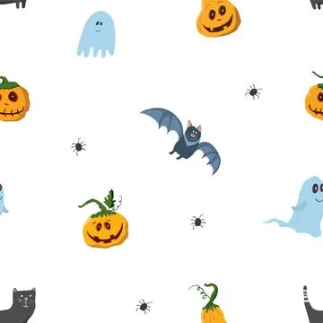 Halloween seamless pattern design. Cute cartoon elements, holiday background, 스톡 일러스트