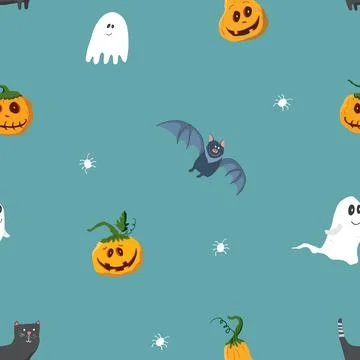 Halloween seamless pattern design. Cute cartoon elements, holiday background, 스톡 일러스트