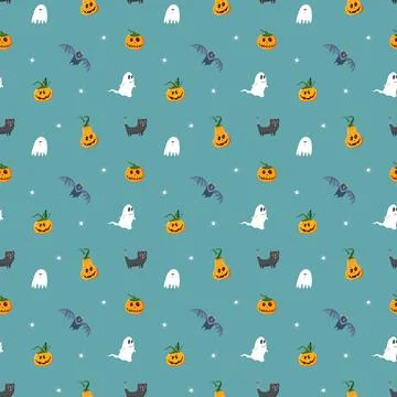 Halloween seamless pattern design. Cute cartoon elements, holiday background, Illustrazione stock