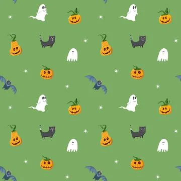 Halloween seamless pattern design. Cute cartoon elements, holiday background, イラスト素材