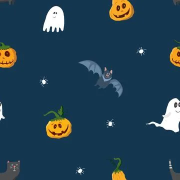 Halloween seamless pattern design. Cute cartoon elements, holiday background, Illustrazione stock