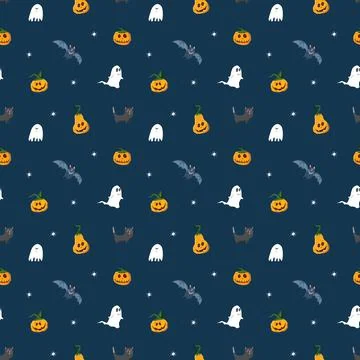 Halloween seamless pattern design. Cute cartoon elements, holiday background, 스톡 일러스트