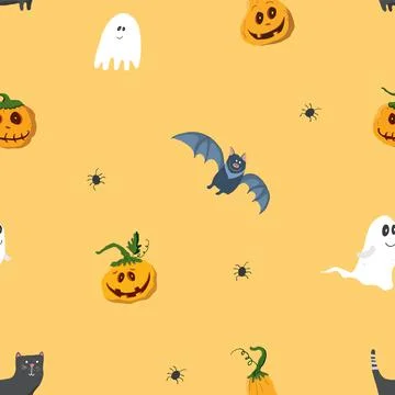 Halloween seamless pattern design. Cute cartoon elements, holiday background, Stock Illustration