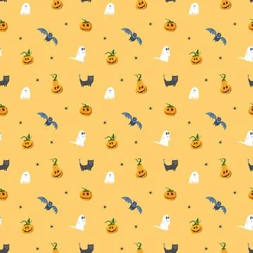 Halloween seamless pattern design. Cute cartoon elements, holiday background, Stock Illustration