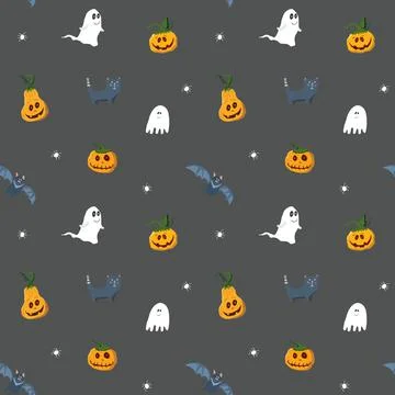 Halloween seamless pattern design. Cute cartoon elements, holiday background, イラスト素材