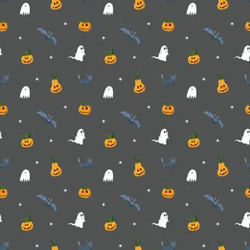 Halloween seamless pattern design. Cute cartoon elements, holiday background, 스톡 일러스트