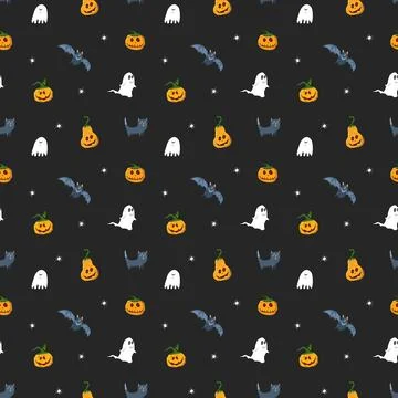 Halloween seamless pattern design. Cute cartoon elements, holiday background, イラスト素材