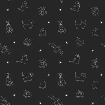 Halloween seamless pattern design. Cute cartoon elements, holiday background, 스톡 일러스트
