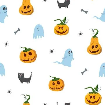 Halloween seamless pattern design. Cute cartoon elements, holiday background, イラスト素材