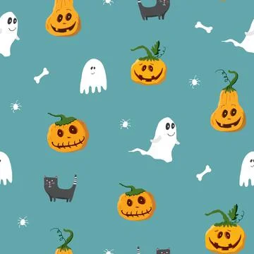 Halloween seamless pattern design. Cute cartoon elements, holiday background, イラスト素材