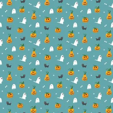 Halloween seamless pattern design. Cute cartoon elements, holiday background, Stock Illustration