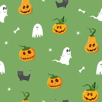 Halloween seamless pattern design. Cute cartoon elements, holiday background, Stock Illustration